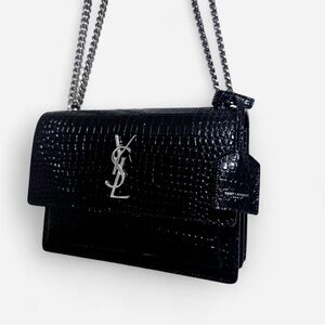 Saint Laurent Sunset Black Croc-Embossed Crossbody Bag